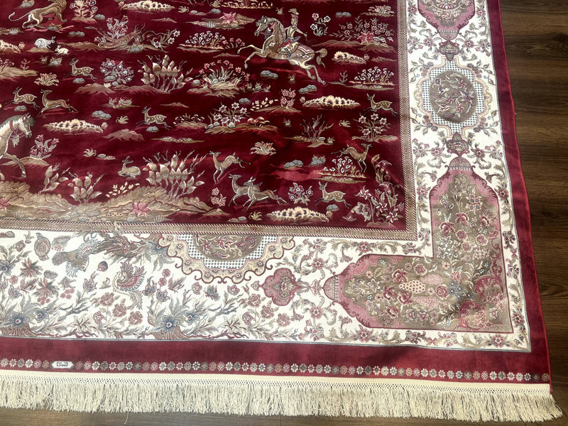 Turkish Silk Rug 8x10, Red & Ivory, Hunting Design, Bamboo Silk, New by Jewel Rugs