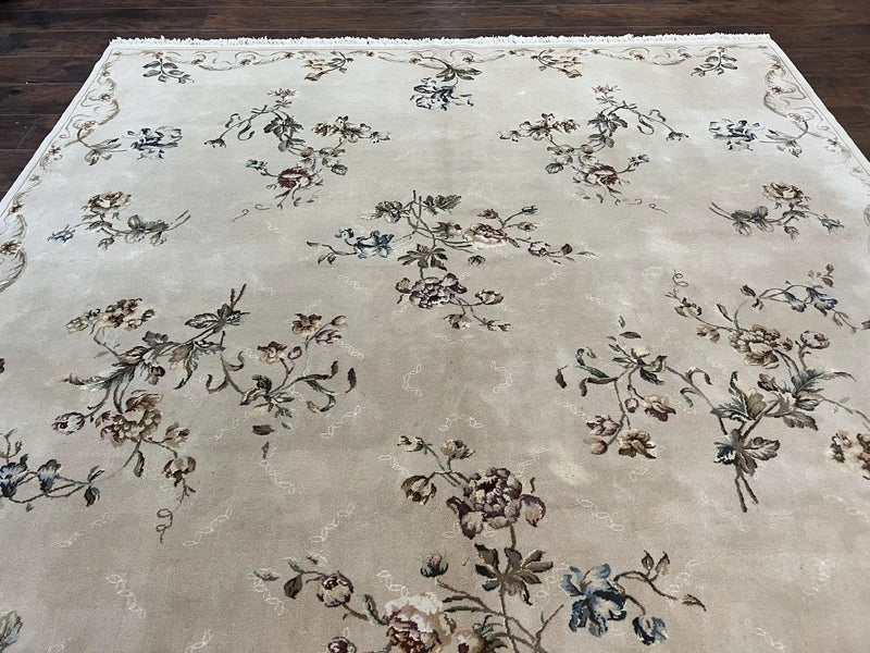 Chinese 120 Line Rug 8x10, Chinese Aubusson Wool & Silk Highlights Handmade Vintage Carpet, Beige Fine Weave Rug, Floral European Design by Jewel Rugs