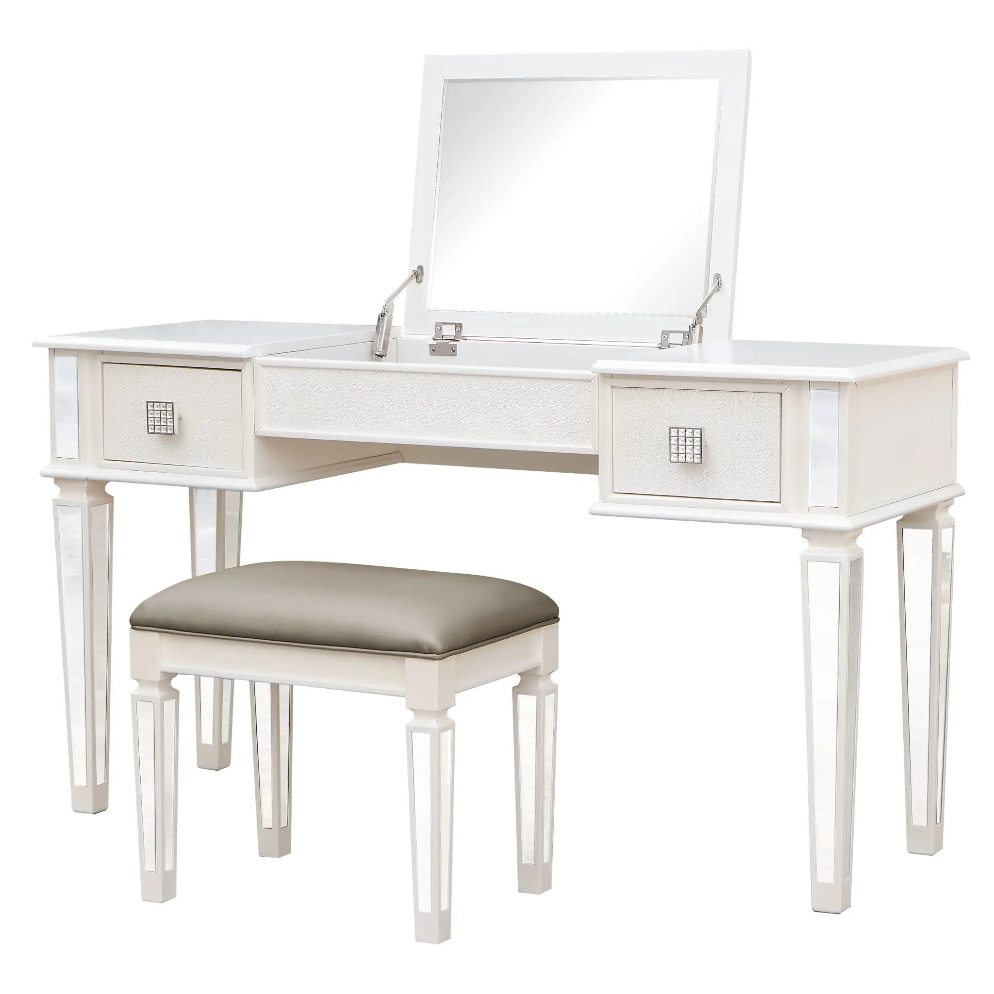 Mirrored Vanity Desk With Drawers And Stool, Flip Up Dressing Table Set For Makeup Room by Unique Piece Furniture