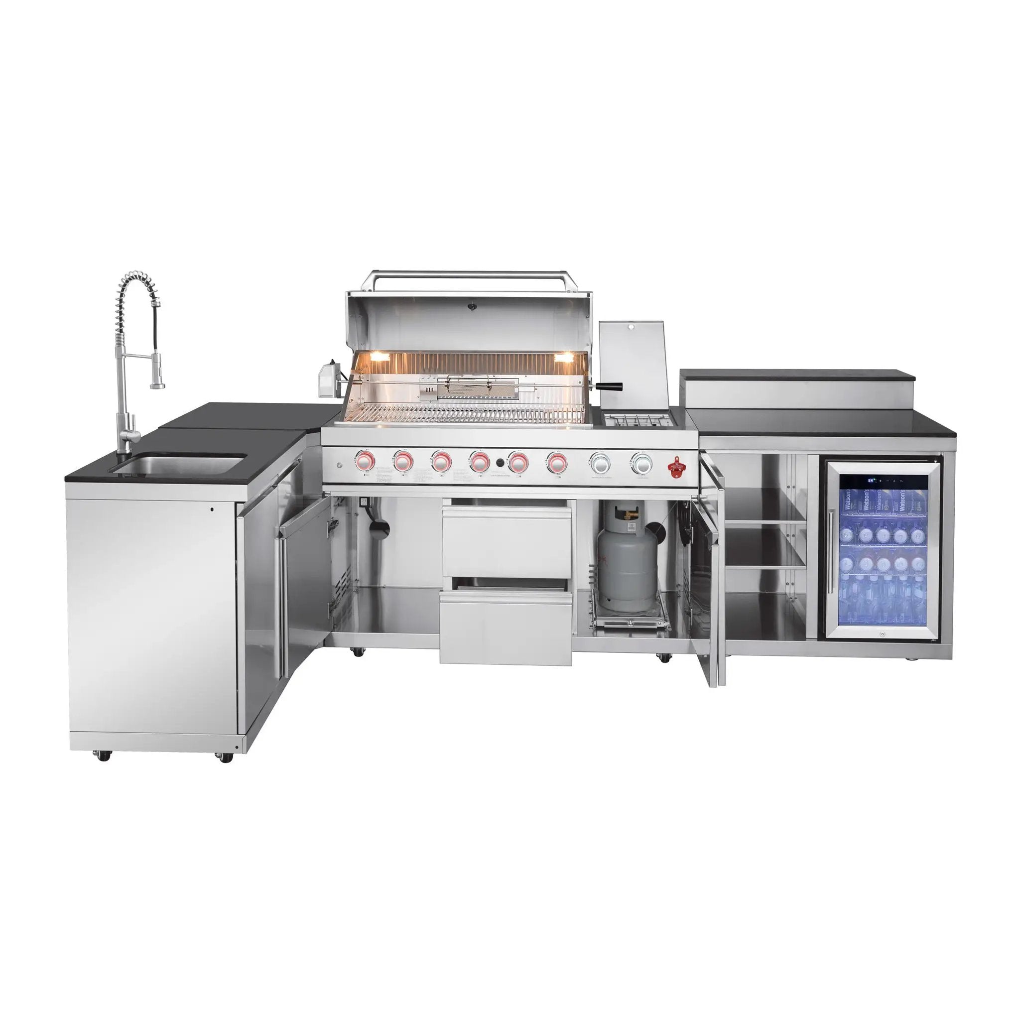 95.8" 6+1 Burner 95,500 BTU Outdoor Kitchen Island Grill Silver + Sink + Refrigerator + Bar Table by Chery Industrial