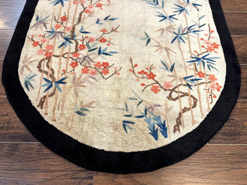 Antique Chinese Oval Rug 3.9 x 6.7, Floral, Butterflies, Chinese Wool Art Deco Peking Carpet, Beige, Handmade by Jewel Rugs