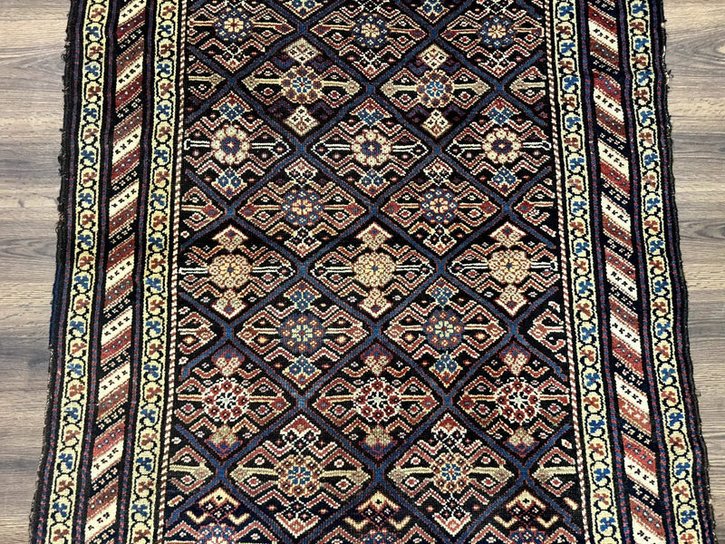 Antique Persian Wide Runner Rug 4x9, Kurdish Rug, Panel Design, Rainbow Border, Rare Tribal Rug by Jewel Rugs