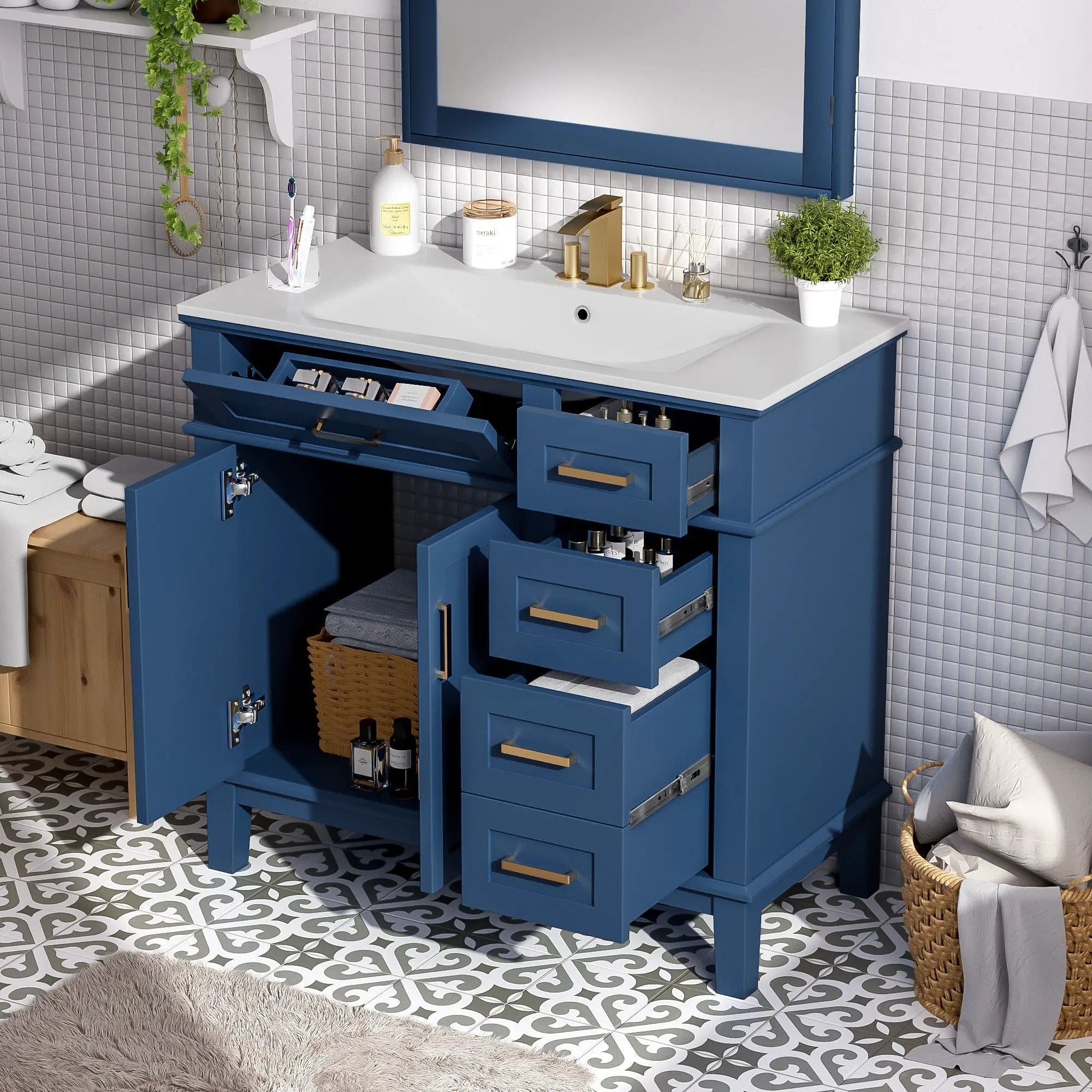 Bathroom Vanity With Ceramic Sink, Soft-Close Doors, 4 Storage Drawers - Blue by Unique Piece Furniture