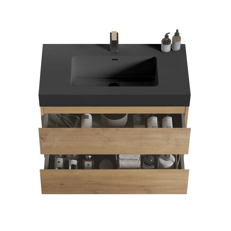Alice - Natural Oak Bathroom Vanity With Sink, Large Storage Wall Mounted Floating Bathroom Vanity For Modern Bathroom, One-Piece Sink Basin Without Drain by Unique Piece Furniture