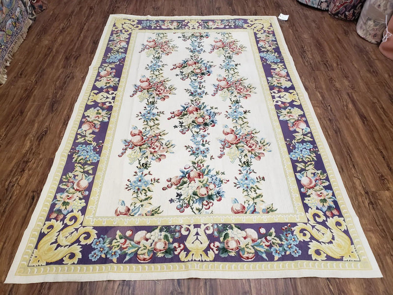 Vintage Chinese Floral Needlepoint Area Rug 6x9, Wool Hand-Woven Handmade Flatweave Rug, Ivory & Purple, Fruits Grapes Apples, Dining Room by Jewel Rugs