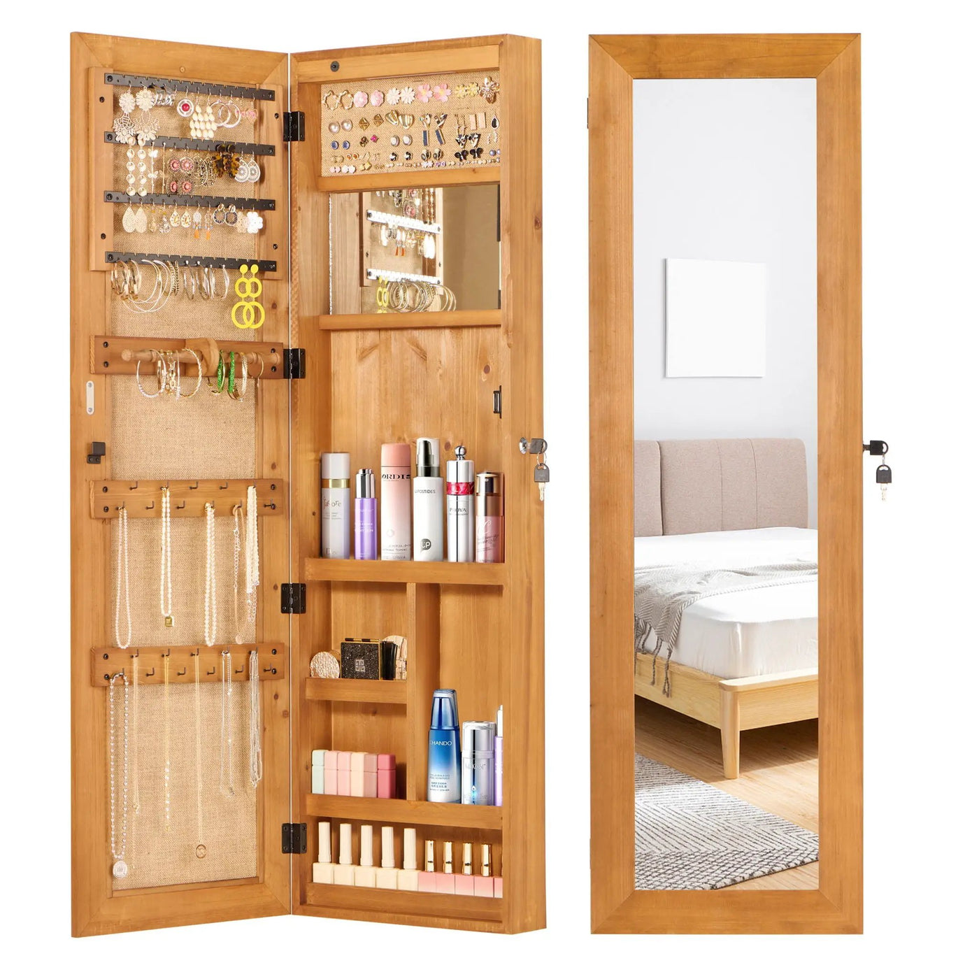 Jewelry Armoire Organizer With Full Length Mirror, Wall Mounted Lockable Cabinet With LED Light by Unique Piece Furniture