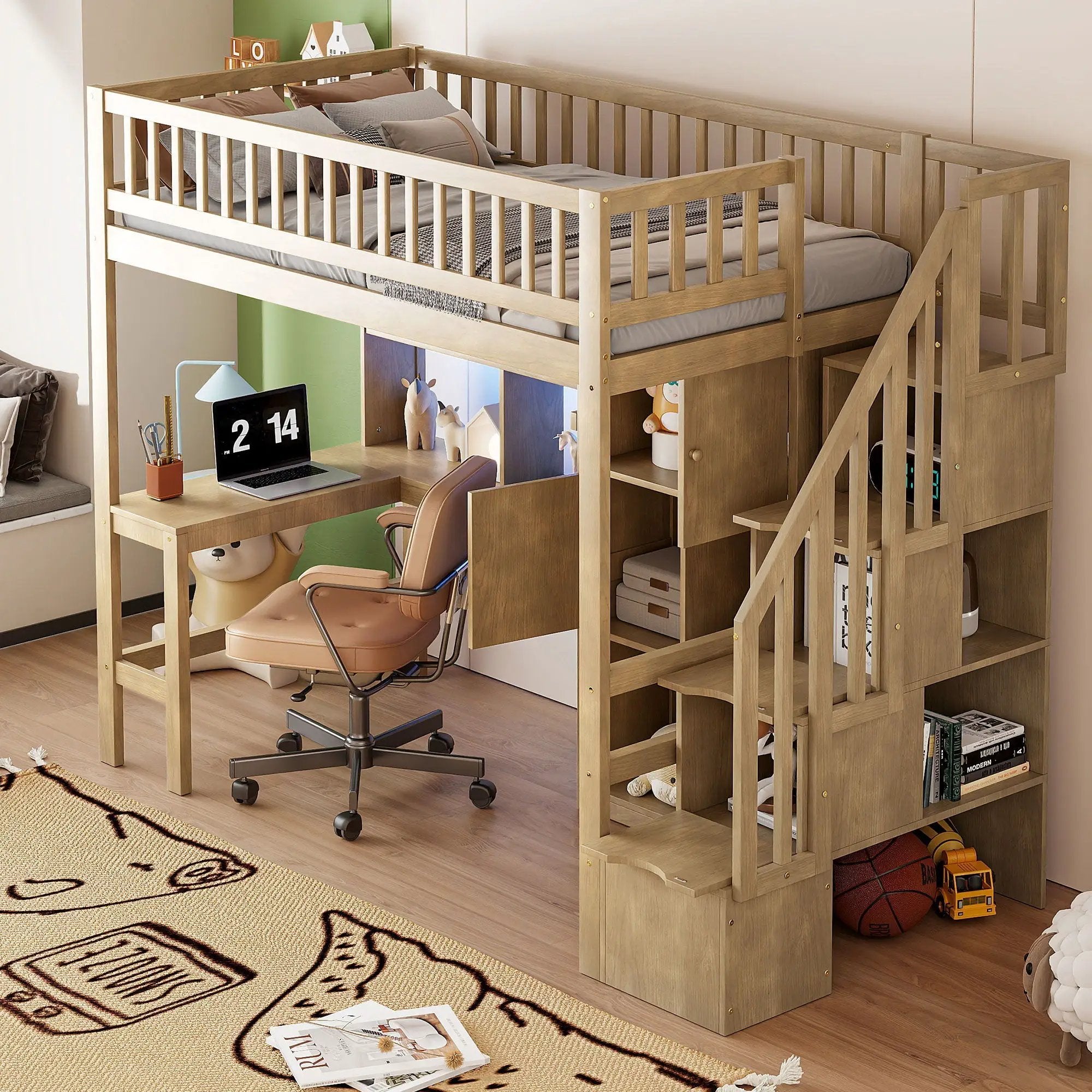 Loft Bed With Built In L Shaped Desk, LED Lights, Storage Shelves, Cabinets, And Staircase by Unique Piece Furniture