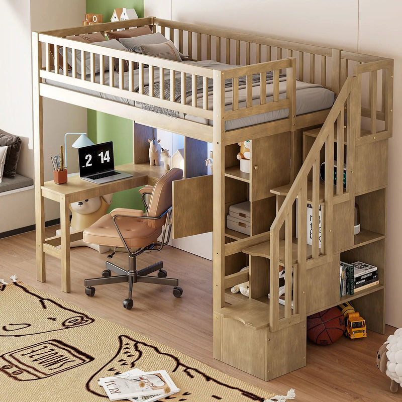 Loft Bed With Built In L Shaped Desk, LED Lights, Storage Shelves, Cabinets, And Staircase by HouseOfZazla