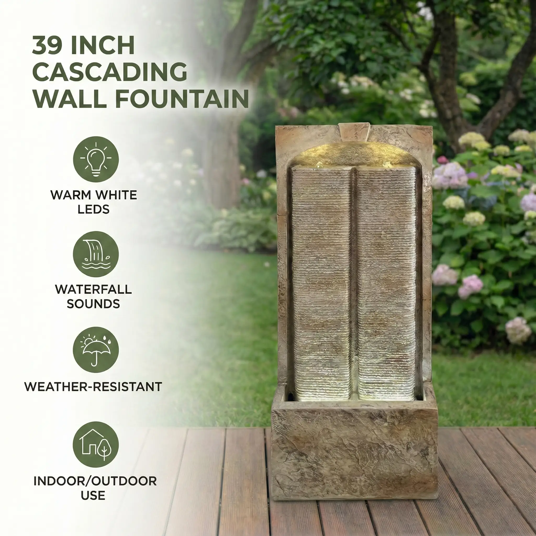 39 Inch Outdoor Water Fountain with Pump and LED Lights by HouseOfZazla