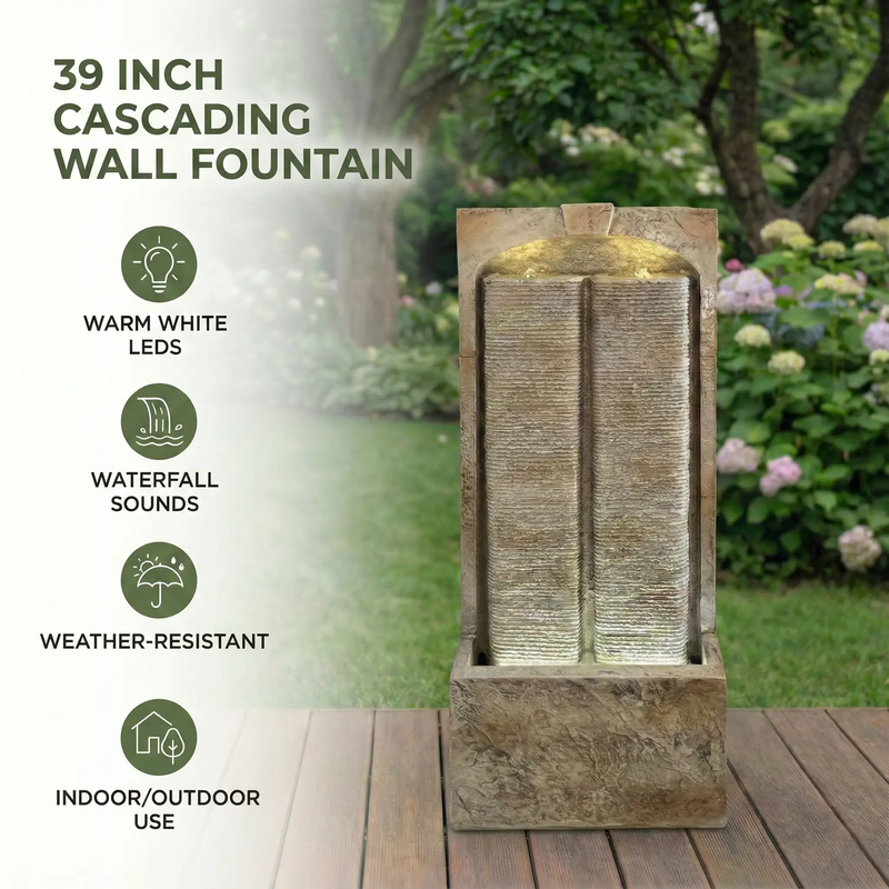 39 Inch Outdoor Water Fountain with Pump and LED Lights by HouseOfZazla