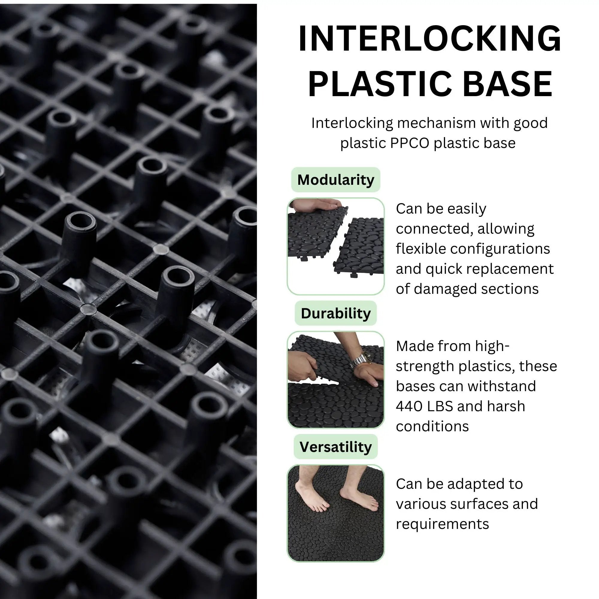 Interlocking Deck Tiles Plastic Waterproof Outdoor All Weather Anti-Slip Bathroom Shower Balcony Porch Strong Weight Capacity Upto 440 Lbs, Pebble Stone Pattern by HouseOfZazla