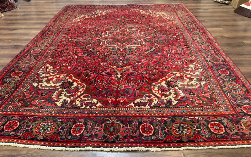 Persian Heriz Rug 7x10, Red and Navy, Geometric Medallion, Vintage Wool Carpet by Jewel Rugs
