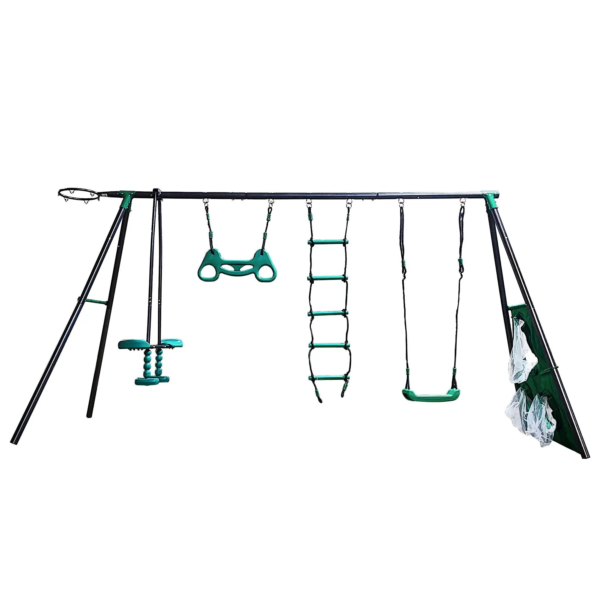 Interesting Four Function Swingset With Face To Face Metal Plastic Safe Swing Seat 550Lbs For Outdoor Playground For Age 3+ - Blackish Green by HouseOfZazla