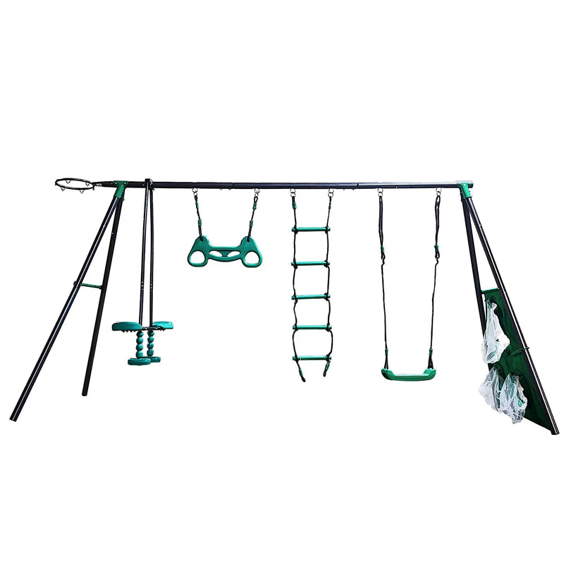 Interesting Four Function Swingset With Face To Face Metal Plastic Safe Swing Seat 550Lbs For Outdoor Playground For Age 3+ - Blackish Green by HouseOfZazla