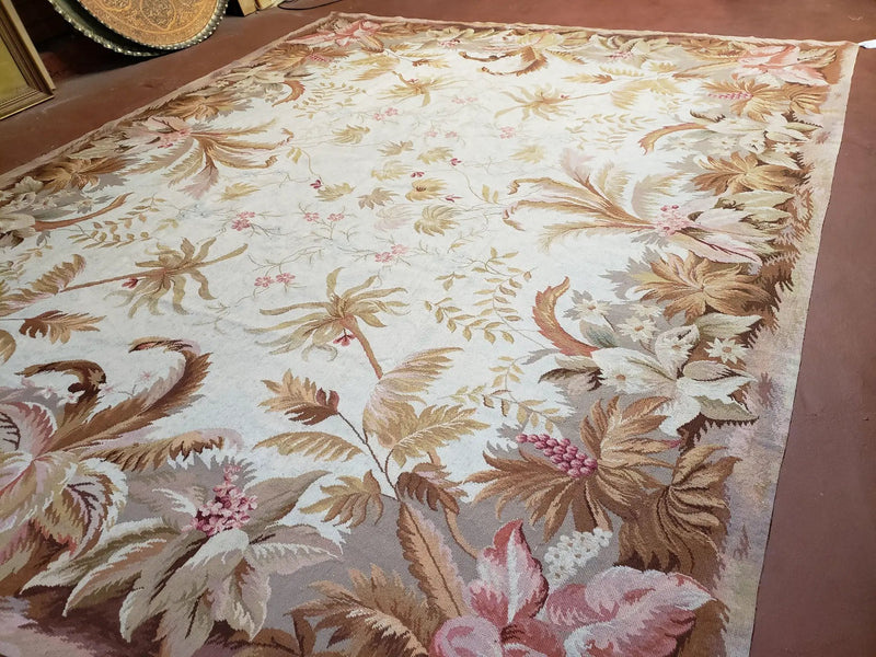 7' 7" x 9' 8" Needlepoint Rug Floral Beige Flat Weave Carpet 8x10 Handmade New Area Rug by Jewel Rugs