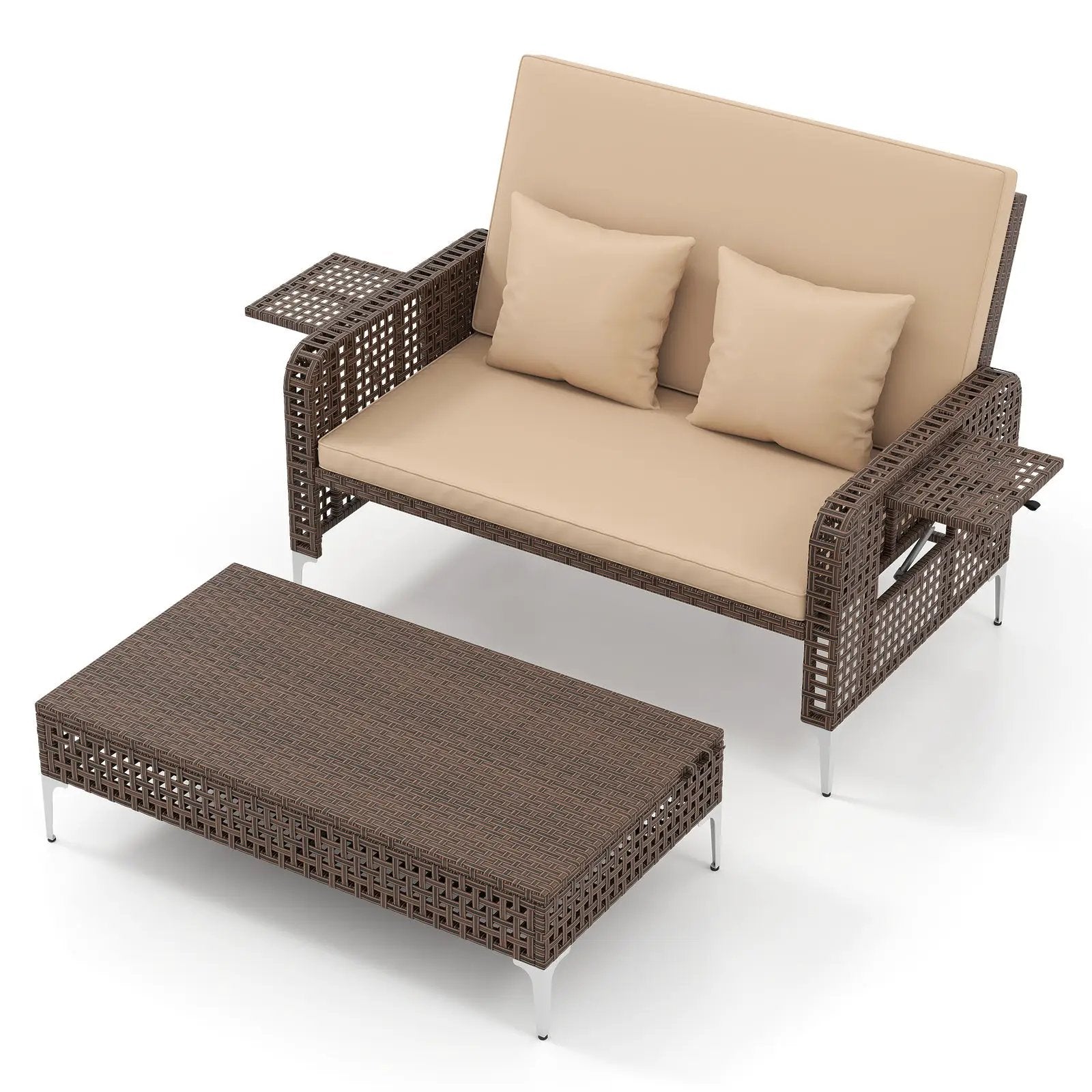 2 Piece Patio Rattan Daybed Wicker Loveseat and Ottoman with Adjustable Backrest by DirectDeals