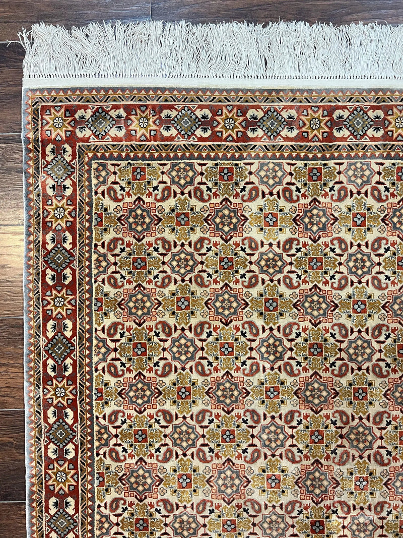 Turkish Kayseri Silk Rug 4x6, Hand Knotted Handmade Vintage Allover Pattern, Fine Silk Oriental Carpet 4 x 6 ft, Traditional Rug, Cream by Jewel Rugs