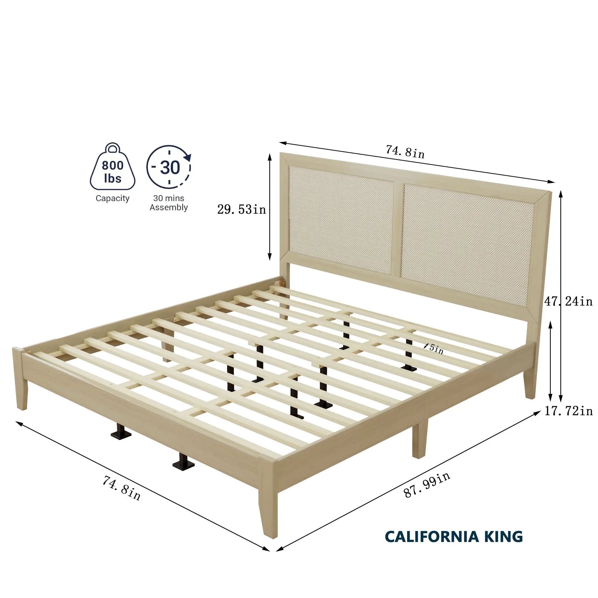 Solid Wood Platform California King Bed With Rattan by HouseOfZazla