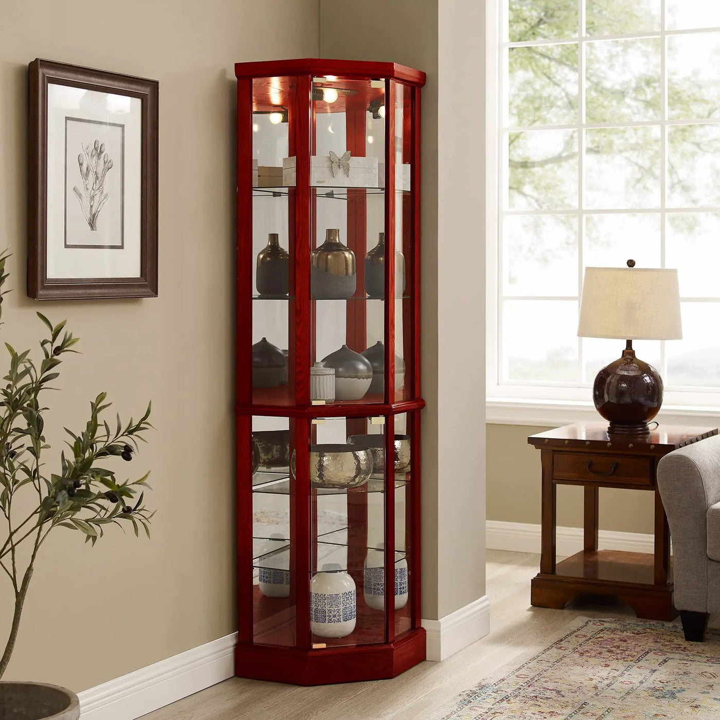 6 Shelf Lighted Corner Curio Cabinet With Adjustable Tempered Glass Shelves And Mirror Back (E26 Light Bulb Not Included) by HouseOfZazla
