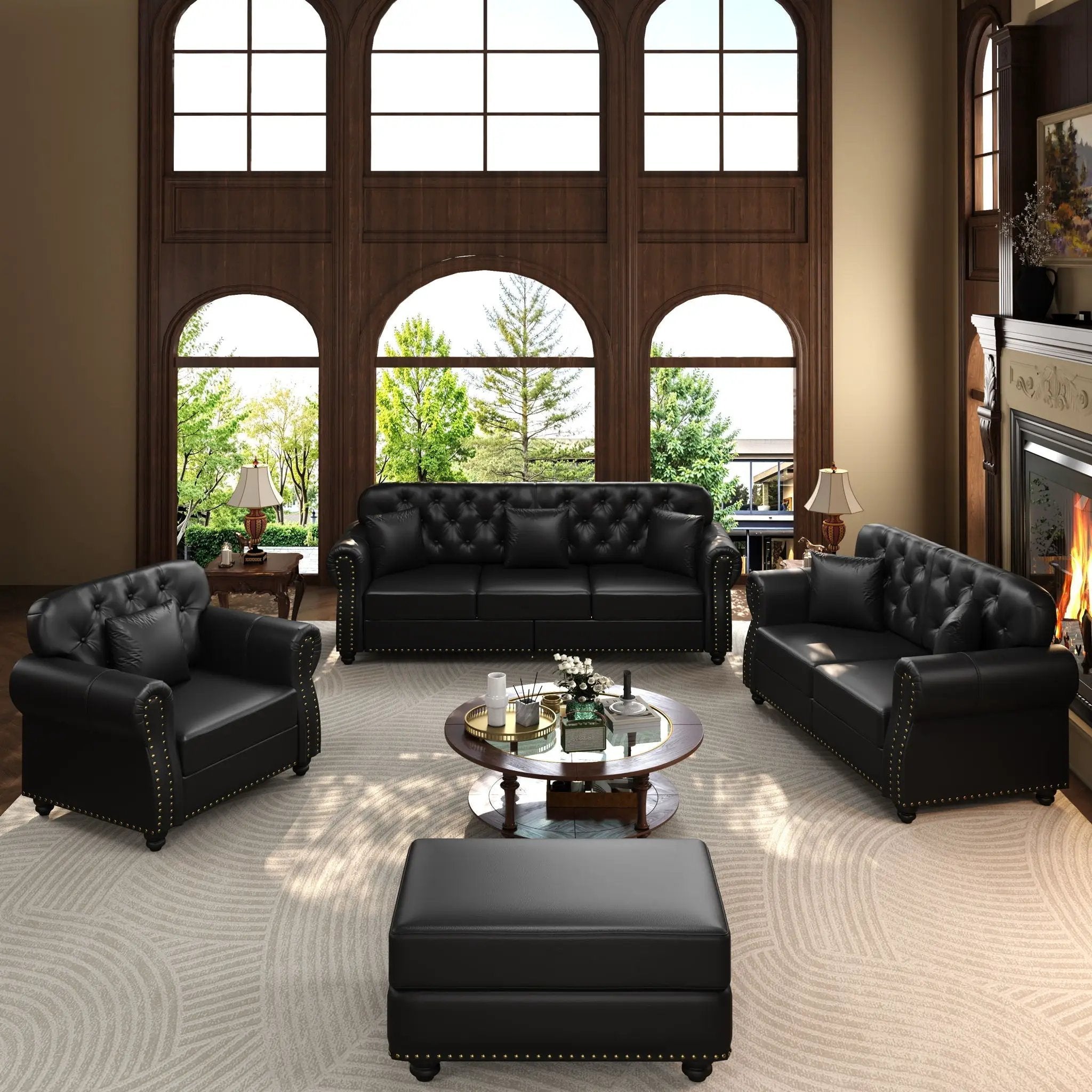 Upholstered Sofa With Nailhead Trim, Rolled Armrests With Ottoman by HouseOfZazla