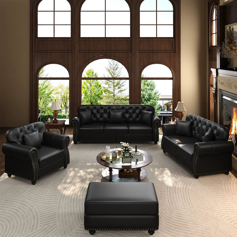 Upholstered Sofa With Nailhead Trim, Rolled Armrests With Ottoman by HouseOfZazla