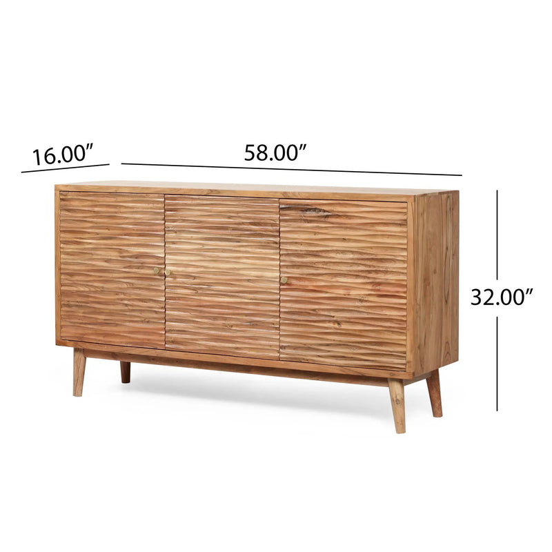 Boho Handcrafted 3 Door Sideboard, Carved Texture & Artisanal Charm - Natural by HouseOfZazla