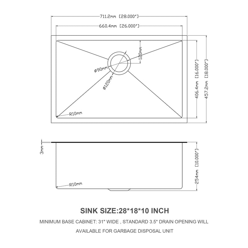 28" Undermount Kitchen Sink 16 Gauge 10" Deep Single Bowl - Gunmetal Black by HouseOfZazla