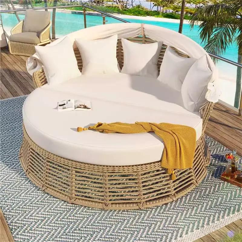 Outdoor Patio Rattan Round Daybed with Retractable Canopy by HouseOfZazla