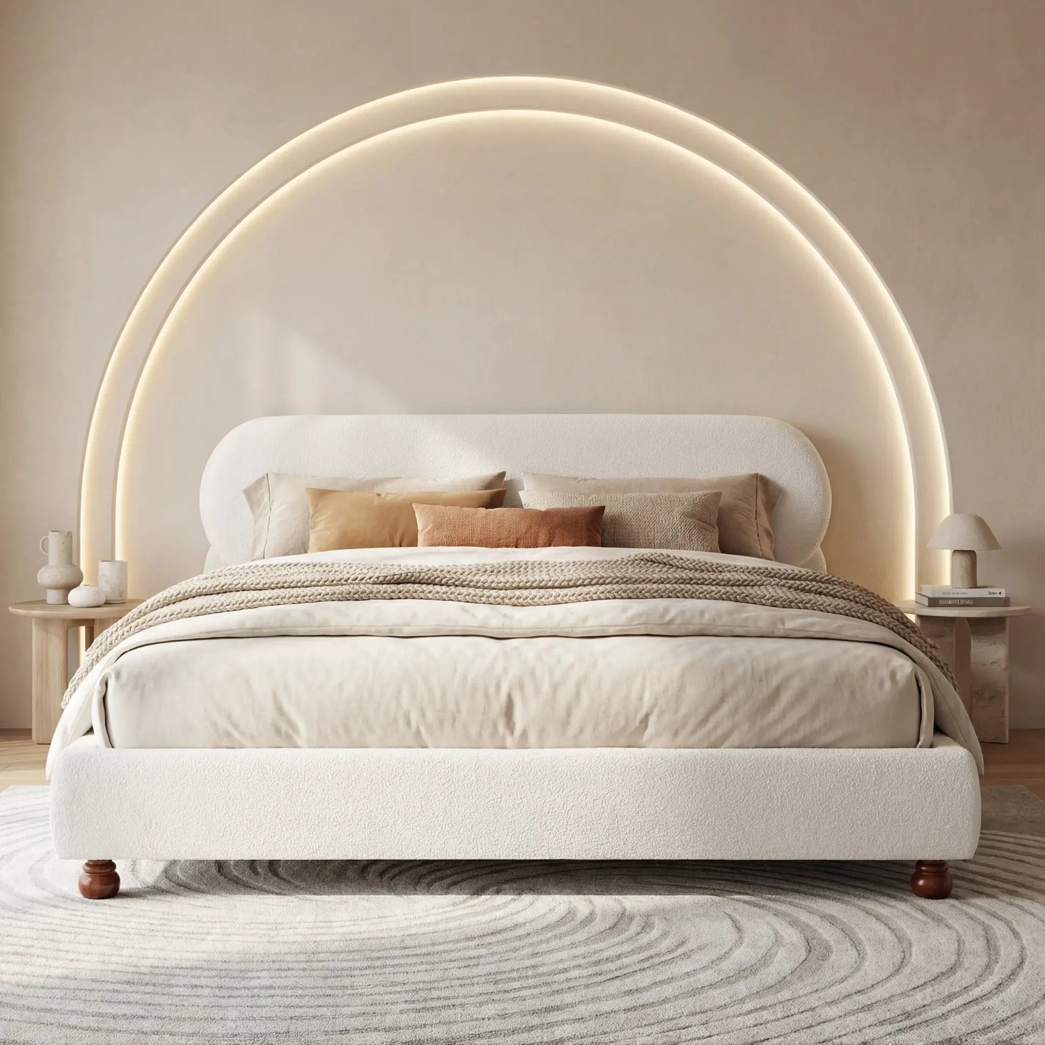 Cream-colored Boucle Upholstered Bed with Rubber Wood Foot, Queen by HouseOfZazla