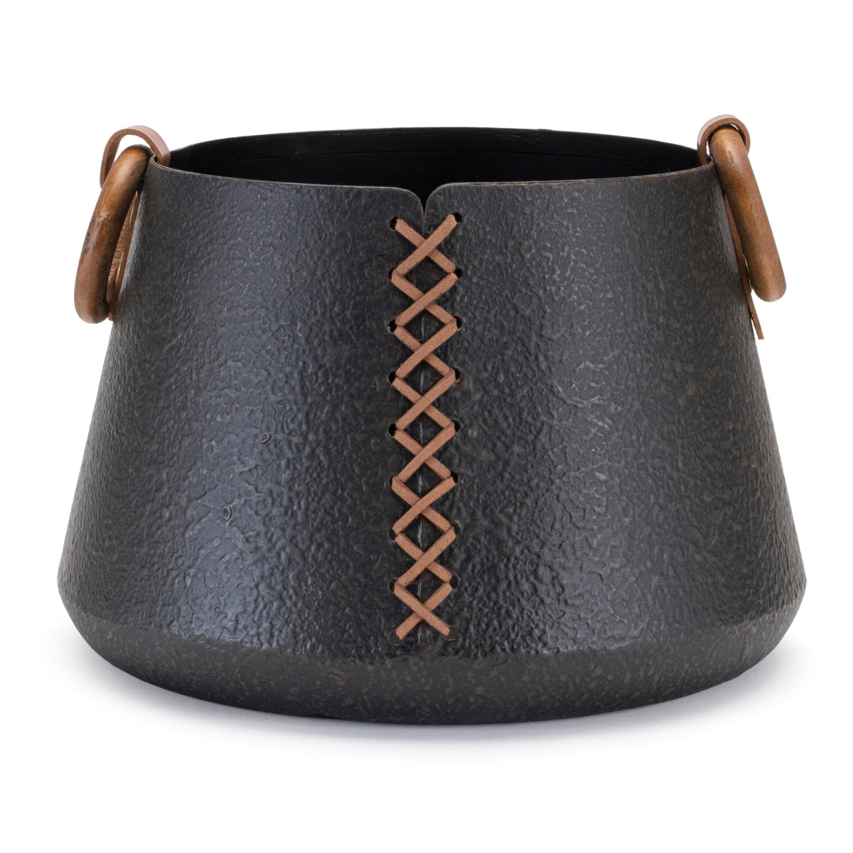 Iron metal vase with leather accents (set of 2)
