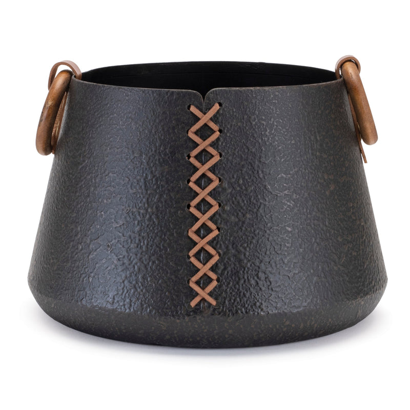 Iron metal vase with leather accents (set of 2)