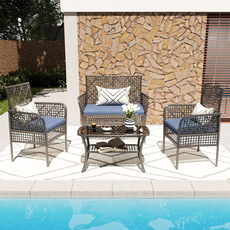 4 Pieces Rattan Wicker Chairs With Tempered Glass Table And Cushions by HouseOfZazla