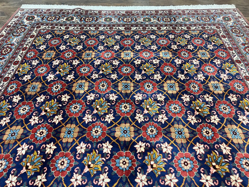 Persian Veramin Rug 7x11, Repeated Allover Pattern, Handmade Vintage Carpet, Navy Blue by Jewel Rugs
