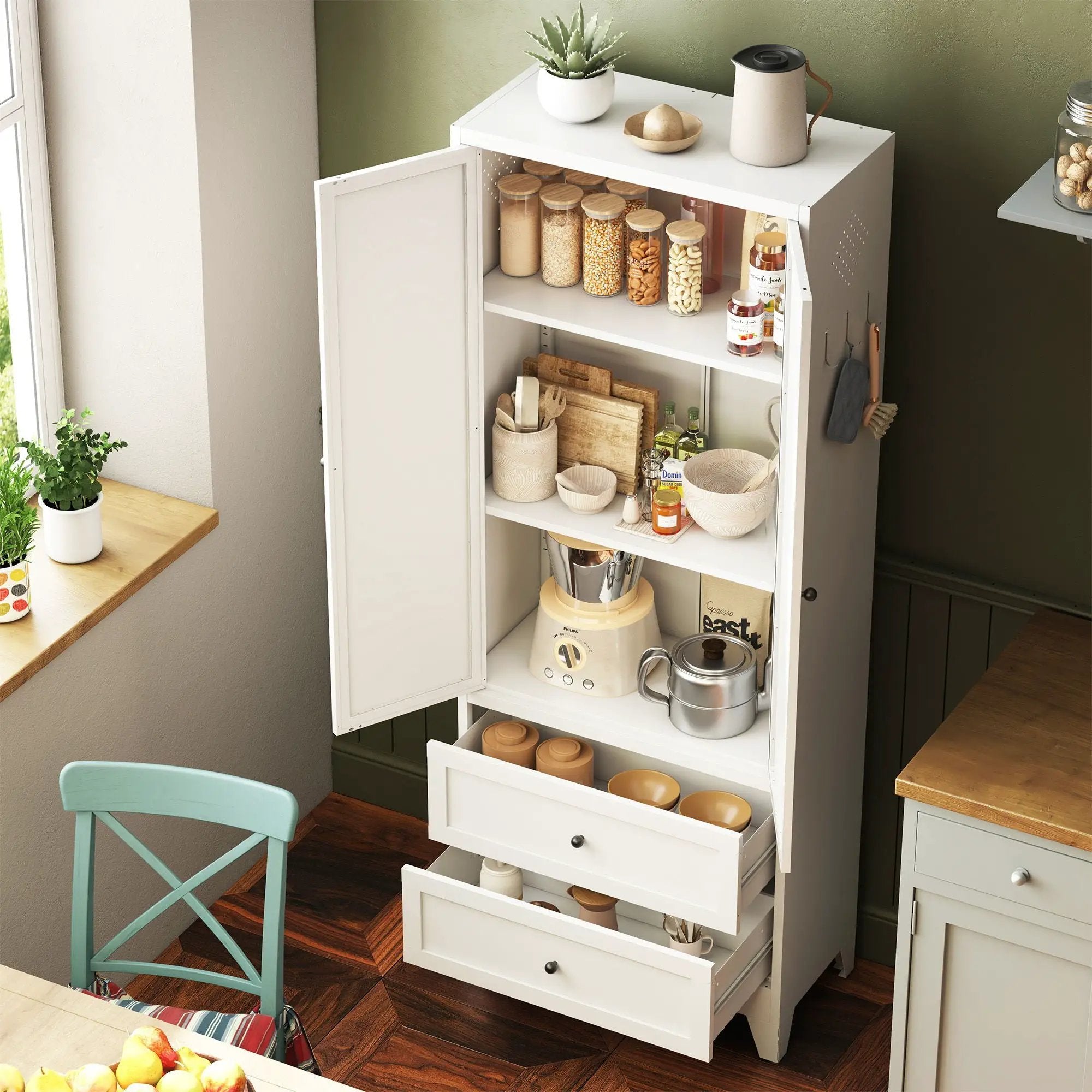 Pantry Cabinet With 2 Drawers, Freestanding Kitchen Storage Cabinet With Adjustable Shelves, Heavy-Duty Organizer For Spices, Dishware, Small Appliances - White by HouseOfZazla