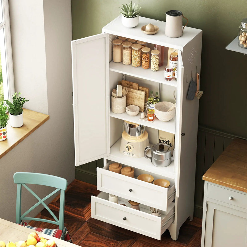 Pantry Cabinet With 2 Drawers, Freestanding Kitchen Storage Cabinet With Adjustable Shelves, Heavy-Duty Organizer For Spices, Dishware, Small Appliances - White by HouseOfZazla