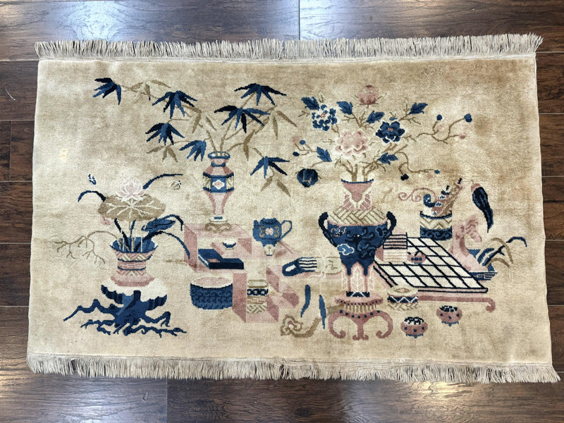 Chinese Rug 5x3, Horizontal Rug, Vases Flowers, Handmade Antique Vintage Carpet, Peking Rug, Chinese Wool Rug by Jewel Rugs