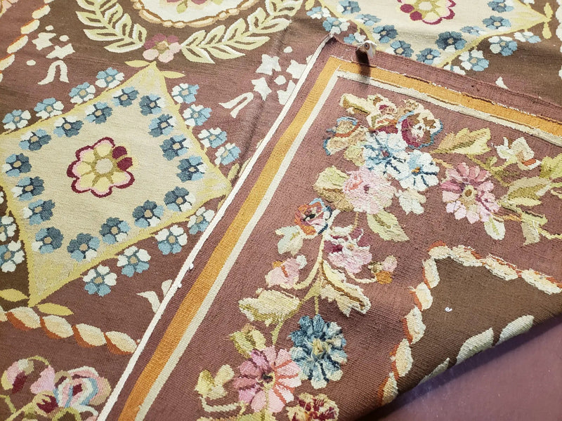 Aubusson Rug 6 x 9 Flat Weave Area Carpet European Design Flowers New Brown Rug Handmade Wool Hand-Knotted Aubusson Weave Medium Rug 6x9 by Jewel Rugs