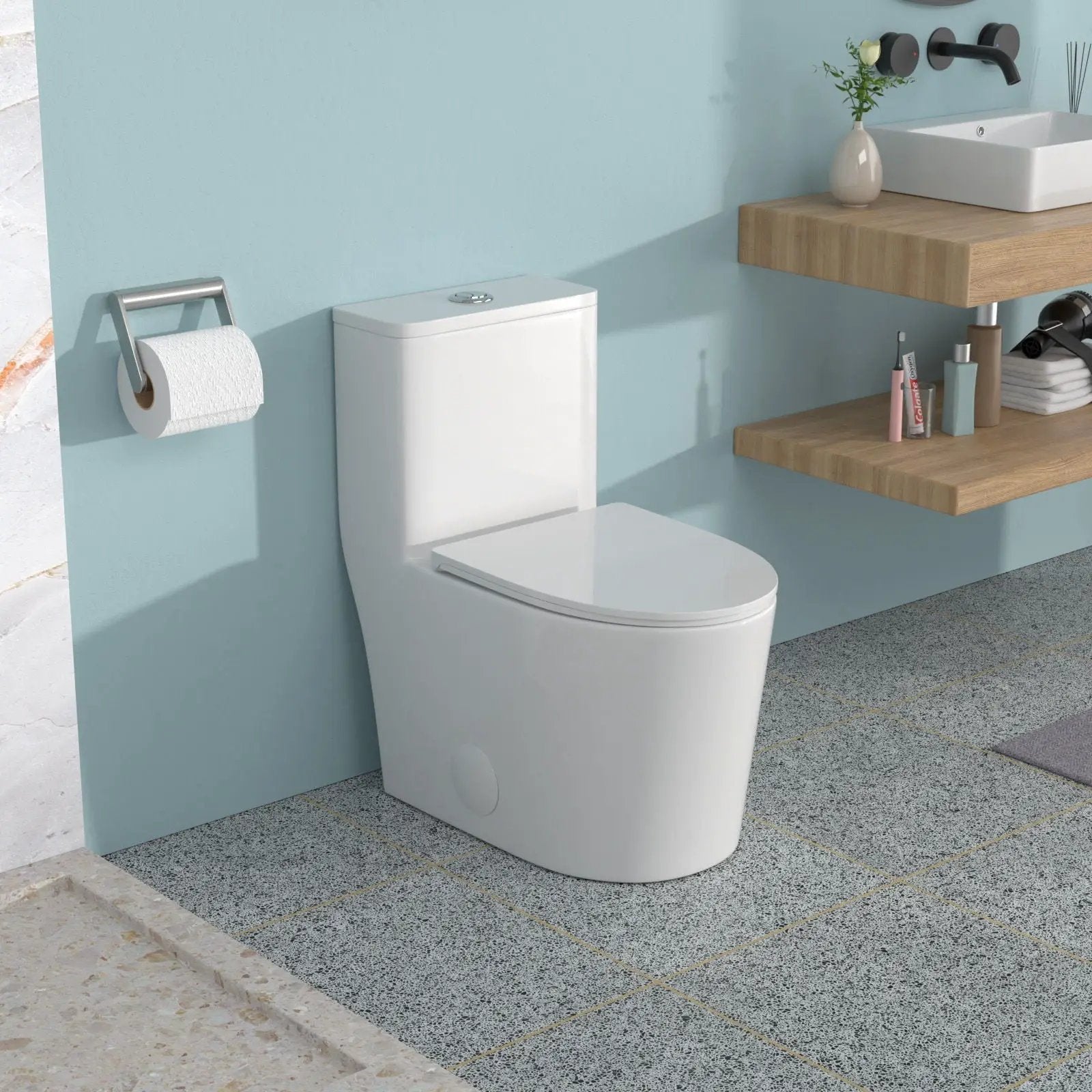 1 Piece Toilet For Bathroom, Soft Closing Seat, Dual Flush 1.1 / 1.6 Gpf - White by HouseOfZazla