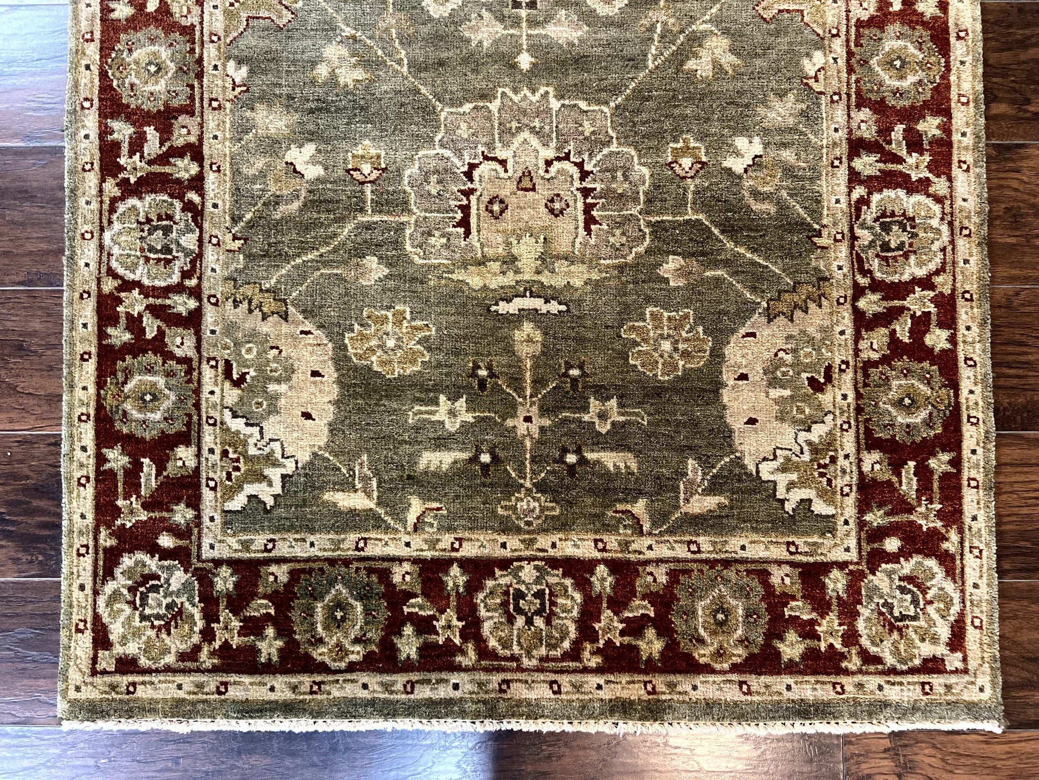 Indo Oushak Rug 4x6, Green and Maroon, Vintage Wool Floral Rug, Indian Agra Rug by Jewel Rugs