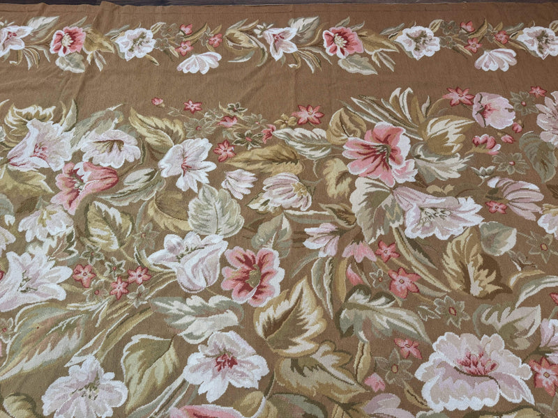Large Needlepoint Rug 11x14, Vintage Floral Wool Carpet, Caramel by Jewel Rugs