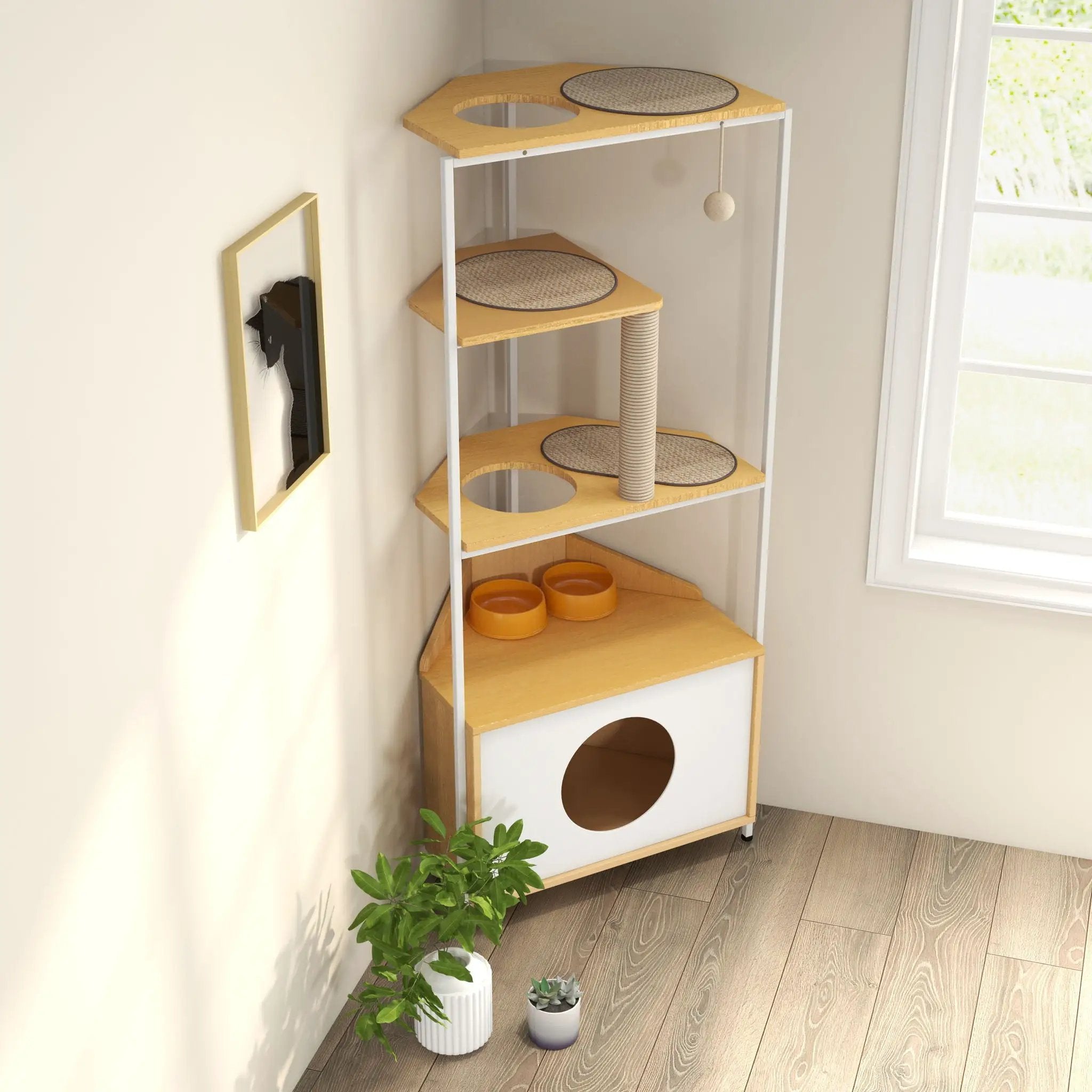 Corner Cat Tower, Cat Tree With Scratching Post, Cat Condo With Feeding Station And Climbing Platforms, Pet Furniture For Indoor Cats - White / Light Oak by HouseOfZazla