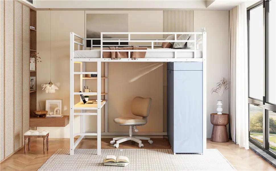 Loft Bed With Desk, Shelves, Power Outlet, LED Light And Wardrobe by HouseOfZazla