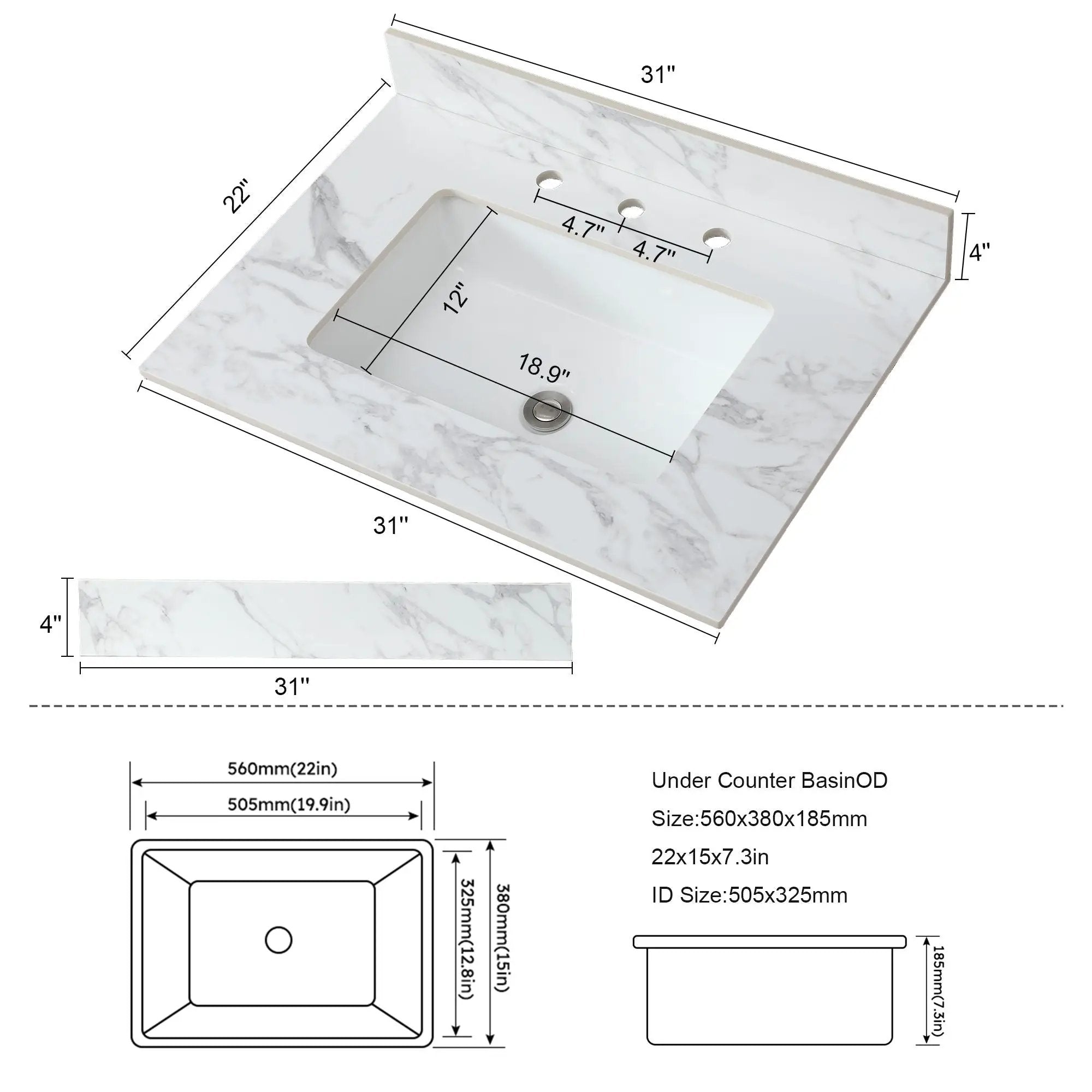 Elegant Sintered Stone Bathroom Vanity Top With Rectangular Undermount Ceramic Sink by HouseOfZazla