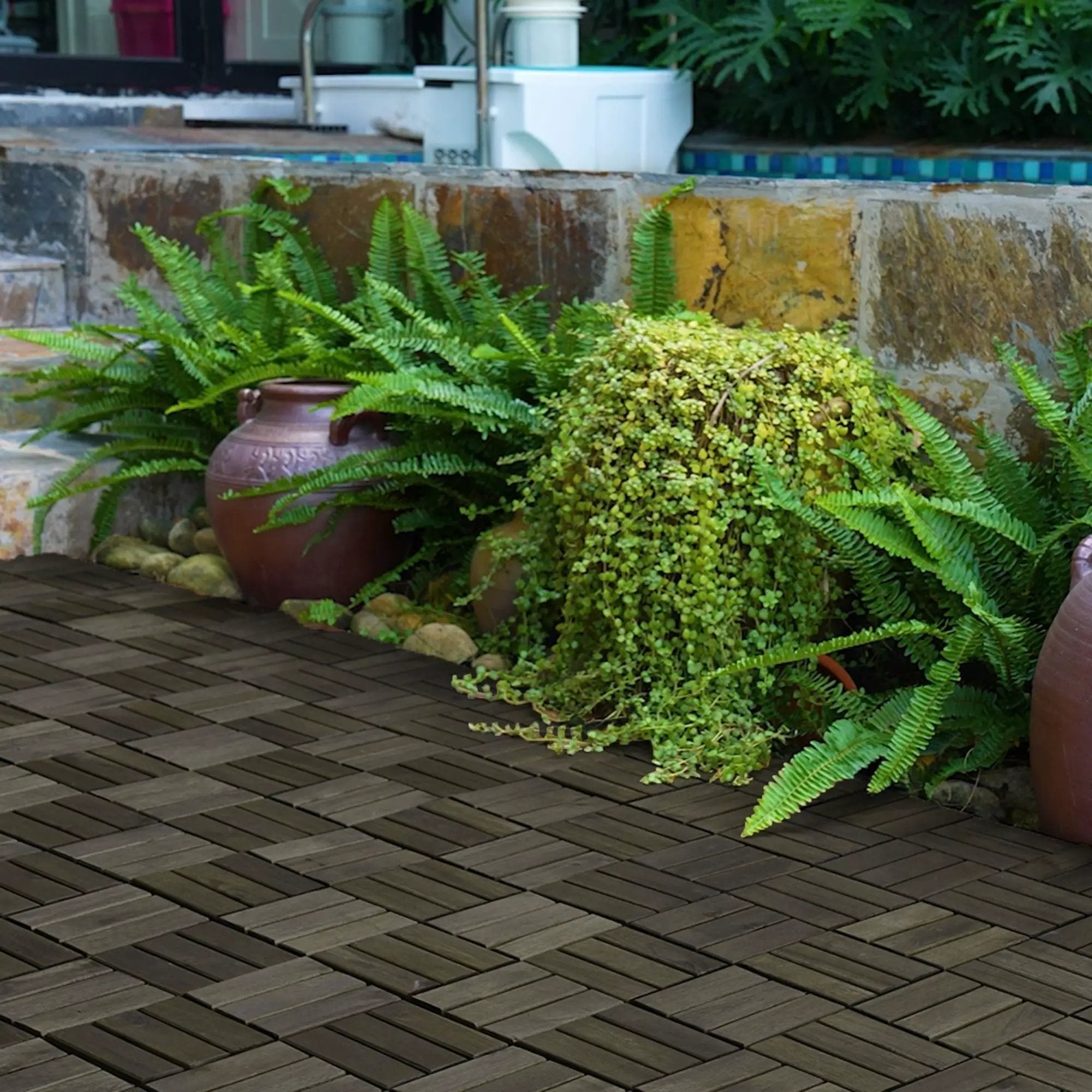 Acacia Wood Interlocking Deck Tiles Checker Pattern For Outdoor Flooring by HouseOfZazla