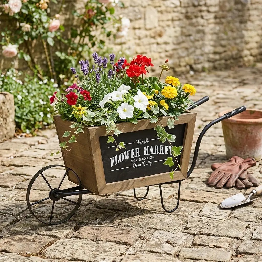 Farmhouse Wheelbarrow Planter with Flower Market Sign by HouseOfZazla