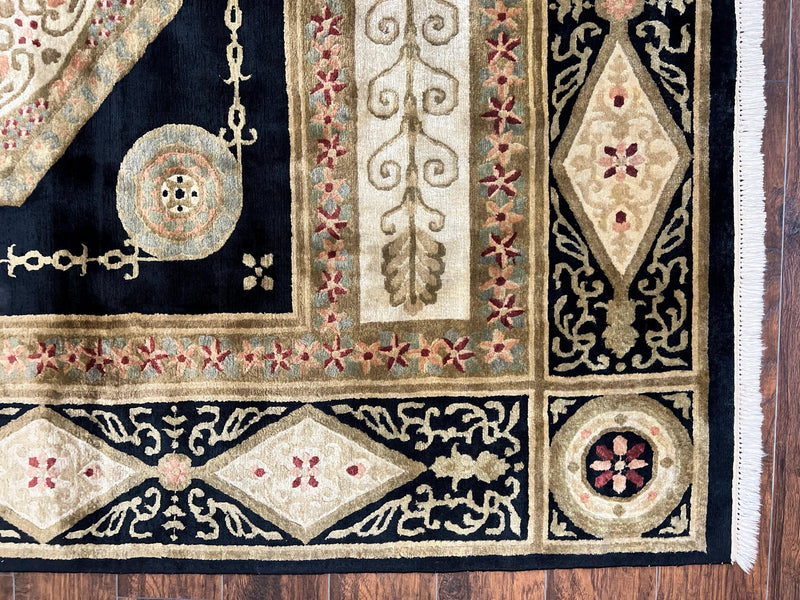 Tibetan Rug 8x10, Nepali Area Rug, Soft New Zealand Wool Carpet 8 x 10 ft, Black Tan Beige, Vintage Handmade Rug, French Aubusson Pattern by Jewel Rugs