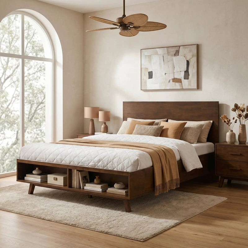 Walnut Queen Size Platform Bed Frame with Footboard Storage by HouseOfZazla