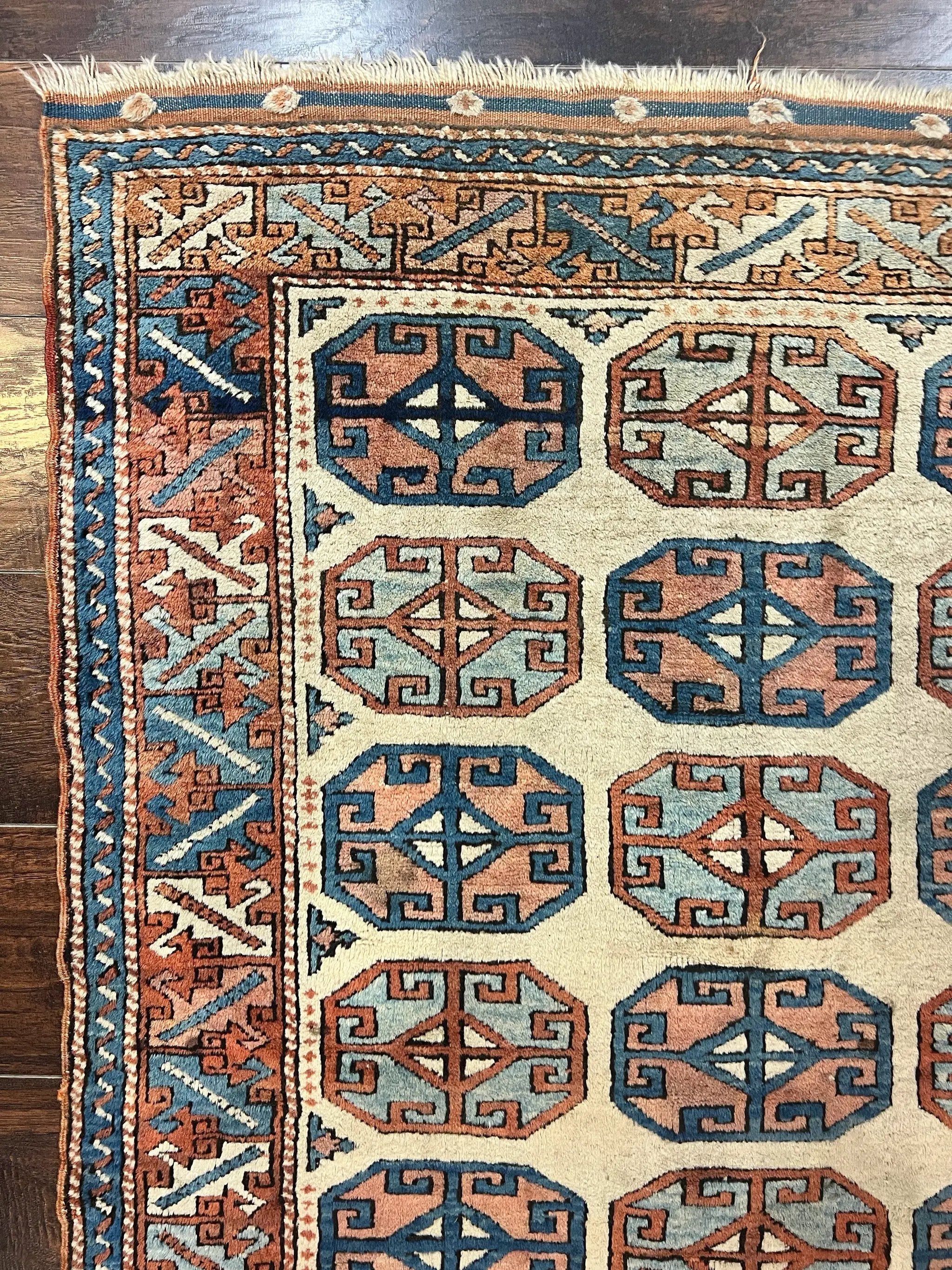 Turkish Kazak Rug 3x4, Wool Hand Knotted Handmade Vintage Carpet, Geometric Tribal Repeated Motif, Small 3 x 4 Antique Rug, Cream Red by Jewel Rugs