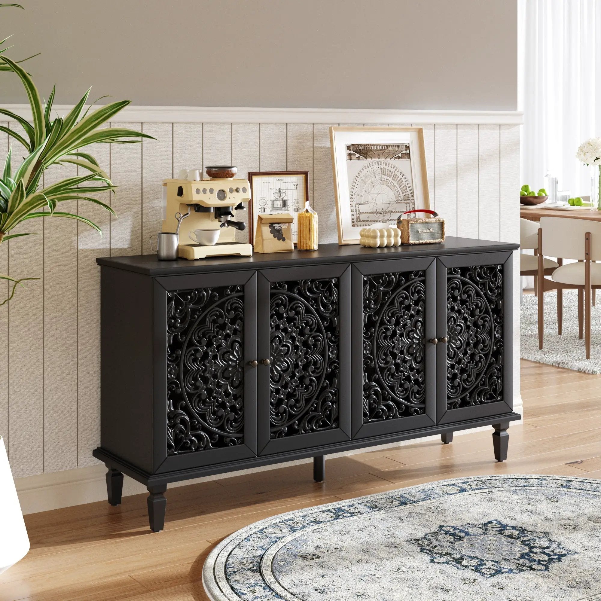 60" Antique Buffet Cabinet with Floral Carvings by HouseOfZazla