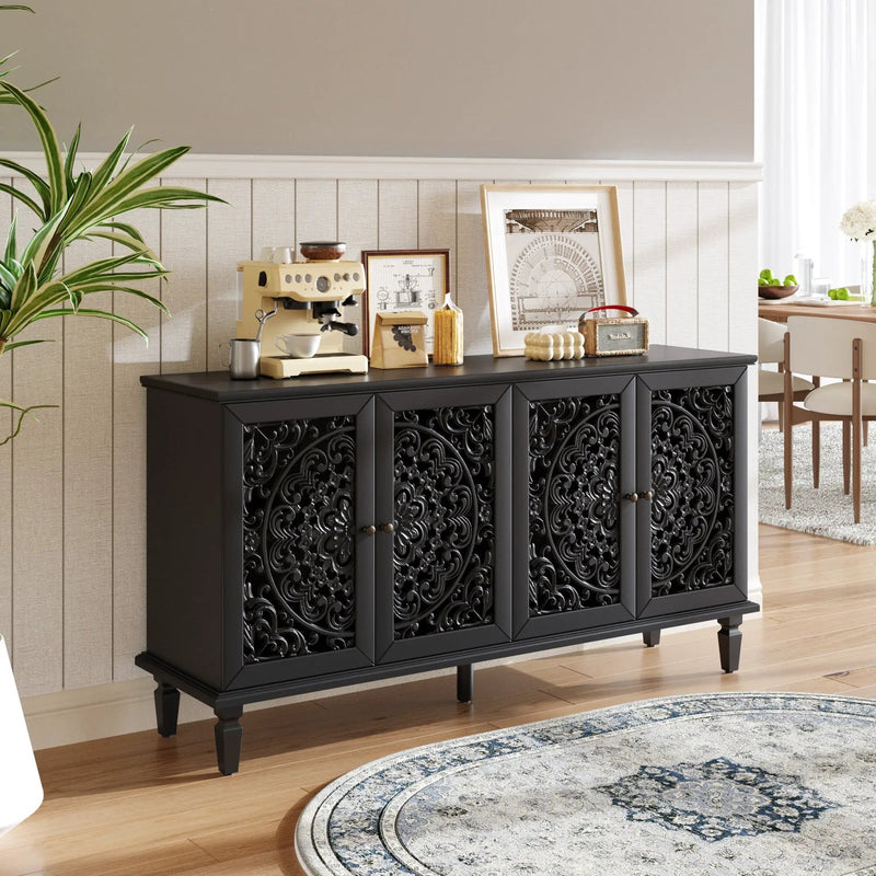 60" Antique Buffet Cabinet with Floral Carvings by HouseOfZazla